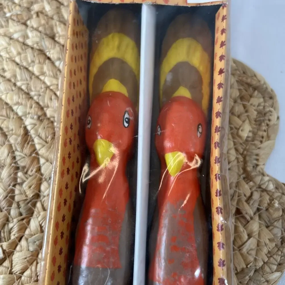 Vintage Turkey Thanksgiving Taper Candles Pair Set of 2 Fall Decor Colorful